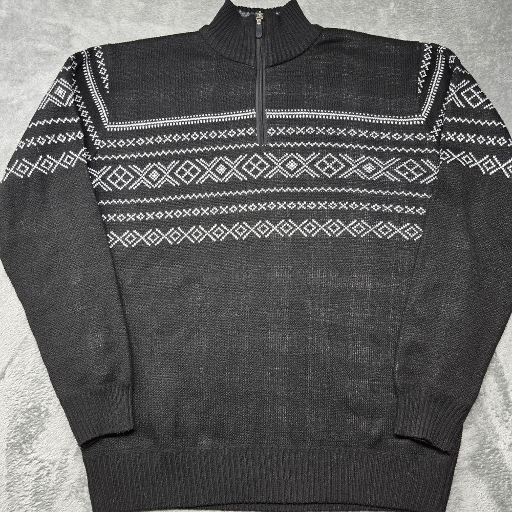 MCJC Quarter Zip Nordic Fair Isle Sweater Mens XXL Gray Flannel Fleece Lined